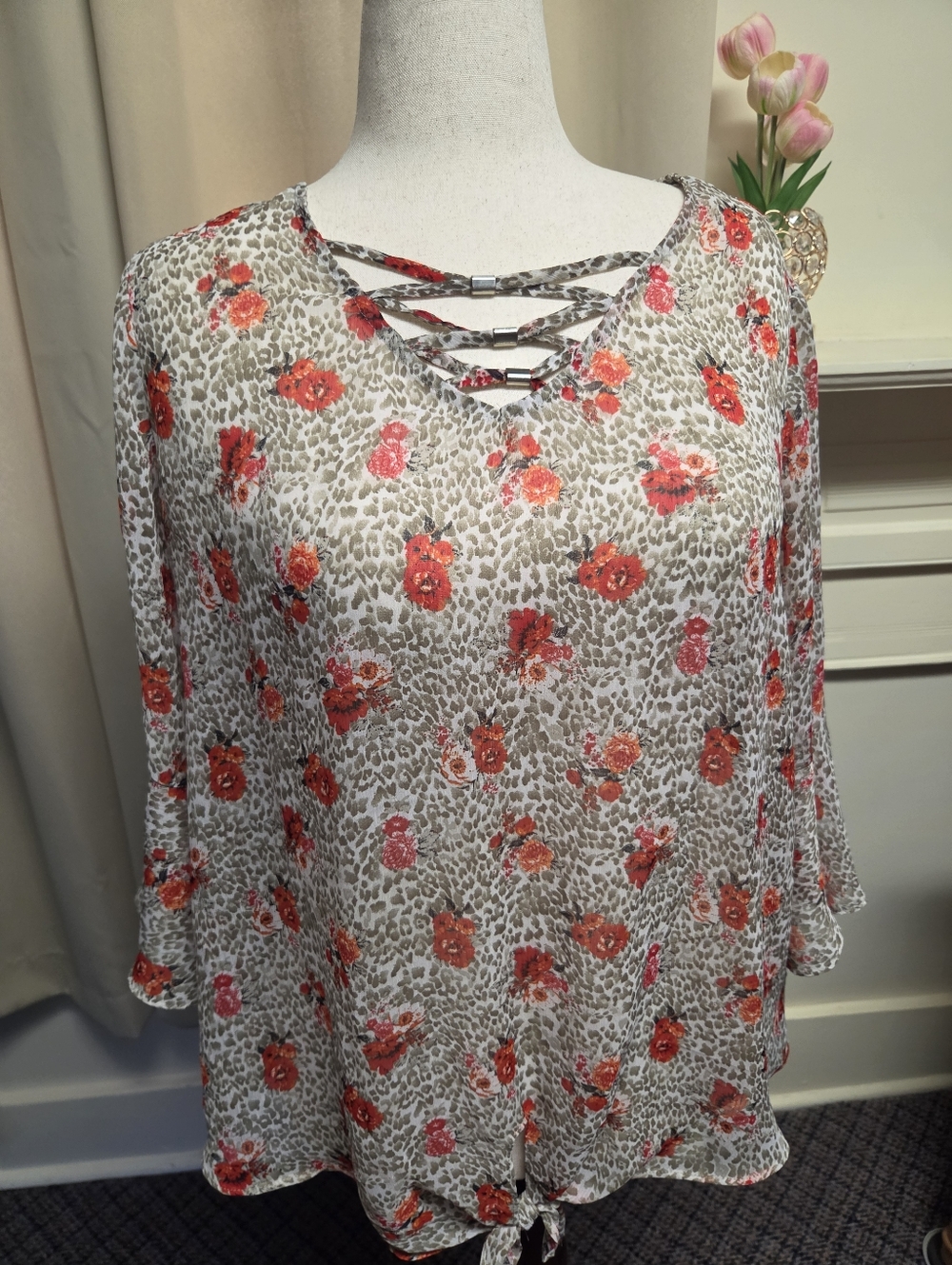 AGB Red Floral Leopard-Print Crisscross Tie-Hem Blouse Size XL